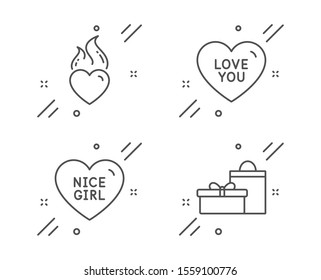 Nice girl, Love you and Heart flame line icons set. Gifts sign. Love heart, Sweetheart, Birthday boxes. Holidays set. Line nice girl outline icon. Vector