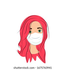 Nice girl in medical mask isolated on white background. Precautions against virus, air pollution, smog. Nursing staff in a flat style. Outbreak Defense. Stock vector illustration for design.