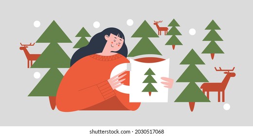 A nice girl with a mug of tea. Vector Christmas illustration.