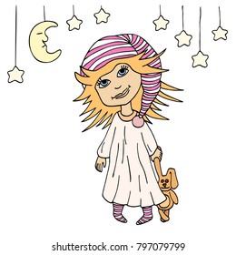 a nice girl in pajamas and a striped cap holding a plush rabbit in her hand, the moon is asleep in the sky and the stars are shining