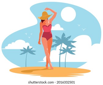 Nice girl in pink and yellow hat on the beach. Vector flat illustration.