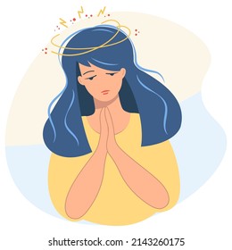 Nice girl is praying. Sad suffering woman. Pray for Ukraine. Vector isolated illustration, banner. Woe. Sorrow, Suffering. Flat style on the background of the flag of Ukraine.