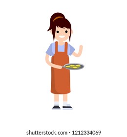 A nice girl in a red apron prepares food in a frying pan. Cook at work. Cartoon flat illustration
