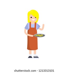 A nice girl in a red apron prepares food in a frying pan. Cook at work. Cartoon flat illustration
