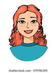 Nice girl with red, long hair slightly smiling