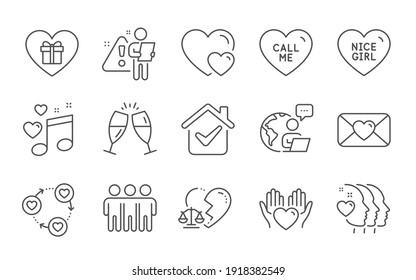 Nice girl, Romantic gift and Friends community line icons set. Hearts, Hold heart and Love music signs. Friends couple, Call me and Valentine symbols. Line icons set. Vector