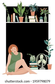 
A nice girl is sitting on the floor. Cozy home. A stack of books, glass bottles with plants, monstera and ficus in a pot. Houseplants. Retro fan. Vector illustration. Postcard, poster.
