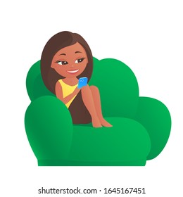 Nice girl sitting on a sofa with a smartphone. There is a smile on his face. Communicates in social networks or buys online. Vector isolated illustration.