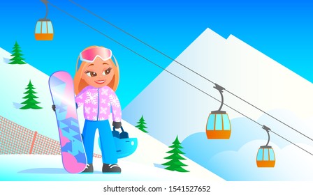 A nice girl stands on a ski peak in sports equipment and with a snowboard in her hand. Around the beautiful mountains, sunny. Funicular works. Vector cartoon illustration.