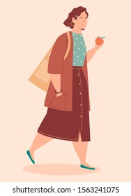 Nice girl in stylish clothes walks and eats an orange. Cartoon vector illustration. Character design.