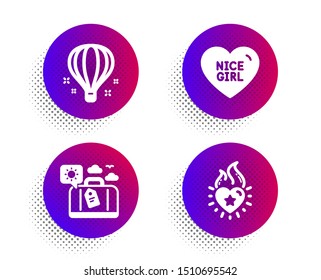 Nice girl, Travel luggage and Air balloon icons simple set. Halftone dots button. Heart flame sign. Love heart, Trip bag, Sky travelling. Love fire. Holidays set. Classic flat nice girl icon. Vector
