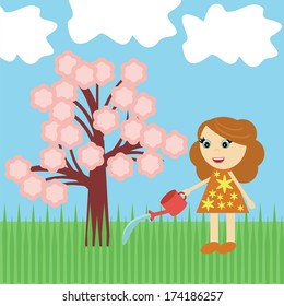 nice girl watering tree with flowers