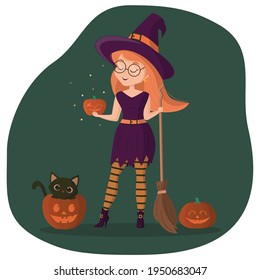 A nice girl in a witch costume stands and holds a broom and a pumpkin. Kitten sits in a pumpkin. Halloween Vector illustration.
