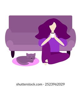 Nice girl or young woman with a cup of coffee and a cat at home vector illustration