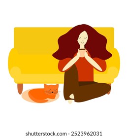 Nice girl or young woman with a cup of coffee and a cat at home vector illustration