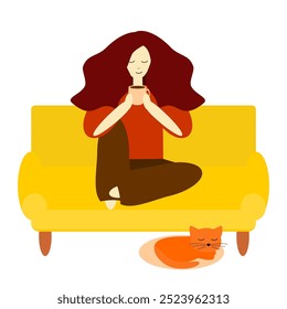 Nice girl or young woman with a cup of coffee and a cat at home vector illustration