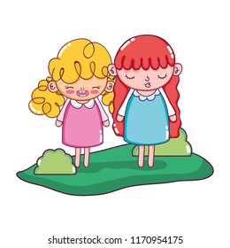nice girls children with bushes in the landscape