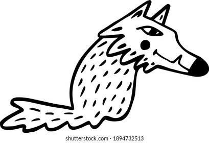 Nice good-natured big-headed wolf. Forest and wildlife character. Hand-drawn cute doodle. Vector illustration. Picture in  cartoon style for children.