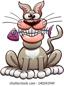 Nice gray cat smiling, posing and chewing a fish skeleton