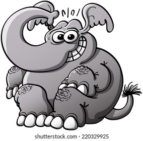 Nice gray elephant with a long trunk while seated, grinning shyly, posing and staring at you