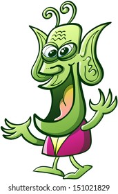 Nice green alien with long antennae, bulging eyes and big pointy ears while wide opening his mouth, staring at you and speaking 