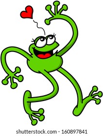 Nice green frog in love while walking, as if it was floating above the clouds, with a joyful expression, raising an arm, smiling enthusiastically and showing a red heart above its head