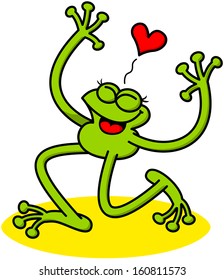 Nice green frog showing how much it is in love when kneeling, rising its arms, smiling enthusiastically, clenching its eyes and showing a red heart above its head