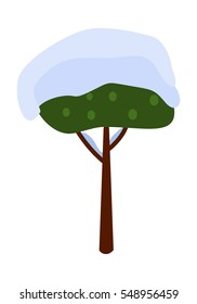 Nice green tree covered with snow on white background vector illustration. Brown thin trunk is as support. Has two long branches and many green fruits, orbed kind of tree isolated part of picture.