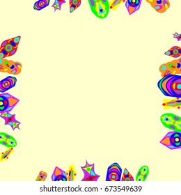 Nice greeting card with abstract elements. Items are located on the boundary of the card. Template for writing. Background is light yellow.