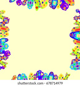 Nice greeting card with abstract elements. Items are located on the boundary of the card. Template for writing. Background is light yellow.