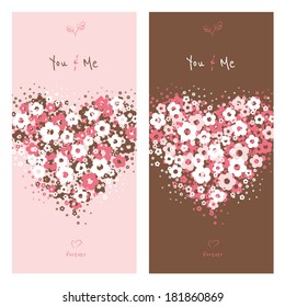 Nice greeting cards with heart shape made of flowers . Colorful template for your design. 