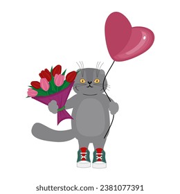 Nice grey cat with ballon heart and flowers valentine love art 