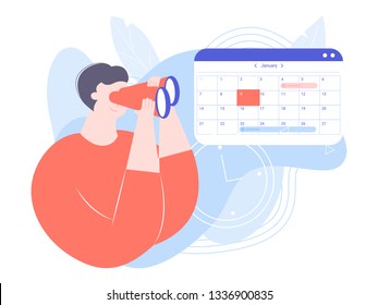 Nice guy looking through binoculars. Calendar with the selected date. Appointment of meetings, planning a month, search for a free day. Vector illustration.