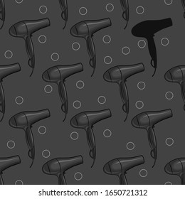 Bonitas herramientas para peluquería. Diseño plano y elegante sobre un fondo gris. Secador de pelo. Antecedentes para una peluquería.  Ilustración vectorial