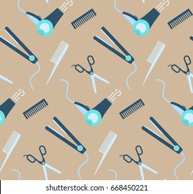 Nice hairdressing tools seamless pattern. Seamless hair style and barbershop salon texture with scissors, combs, straightening iron, hair dryer symbols