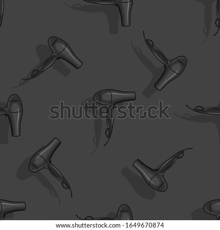 Nice hairdressing tools seamless pattern. Stylish, flat pattern on a gray background. Hair dryer. Background for a hairdresser. Vector Illustration