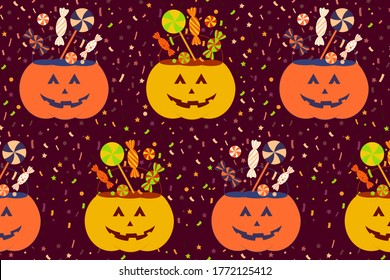 Lindo patrón de halloween sin fisuras con truco de calabaza o cubo de tratamiento. Ilustración vectorial de halloween para diseño de impresión, tela, textil, papel tapiz, papel envolvente.