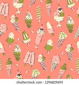 Nice Hand Drawn Doodle Ice Cream Pattern. Seamless Vector Background. 