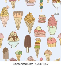 Nice hand drawn ice cream sign in cute frame with ice cream pattern on the background. Ideal element for your desert menu. Elegant cartoon ice cream sign made in vector.