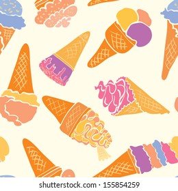 Nice hand drawn ice cream sign in cute frame with ice cream pattern on the background. Ideal element for your desert menu. Elegant cartoon ice cream sign made in vector.