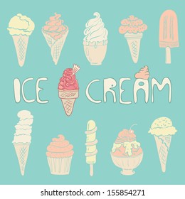 Nice hand drawn ice cream sign in cute frame with ice cream pattern on the background. Ideal element for your desert menu. Elegant cartoon ice cream sign made in vector.