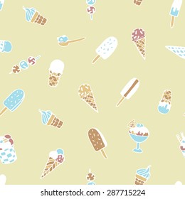 Nice hand drawn ice cream sign in cute frame with ice cream pattern on the background. Ideal element for your desert menu. 