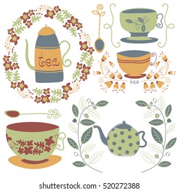 Nice hand drawn teapots and different kind of tea decorations, cups,candies and cakes  with flowers frames and decorative elements 