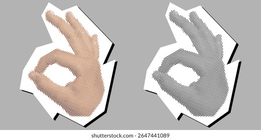 Nice hand pose rock hand pose dotted collage element in a torn paper vector, created with pointillism. A dynamic, artistic blend for music, positive energy, or expressive communication with a textured