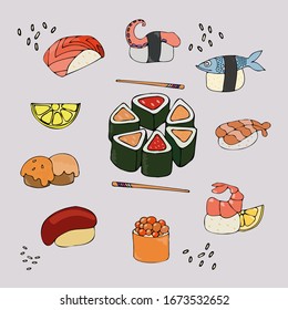 nice hand-drawn colorful Japanese set with popular traditional multicolored delicious kind of sushi and rolls on grey background