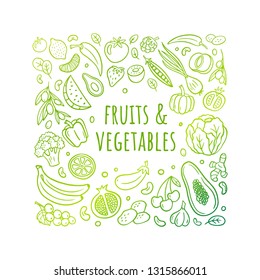 Nice hand-drawn vector illustration with fruits, vegetables, and text. Healthy food theme in an original doodle style with a gradient. Easy to edit and customize.