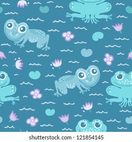 Nice happy cartoon seamless vector pattern with frogs and flowers