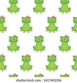 Nice happy cartoon seamless vector pattern with frogs and flowers