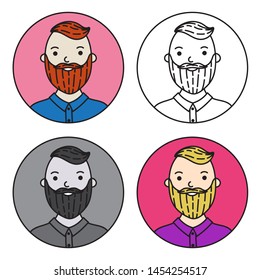 nice happy man with beard. simple doodle character in color variations. round icons. flat avatar collection