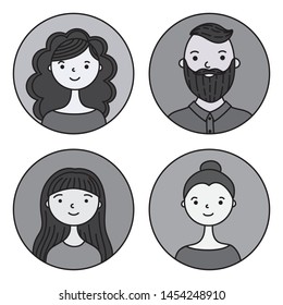 nice happy people. simple doodle characters. black and white round icons. flat avatar collection